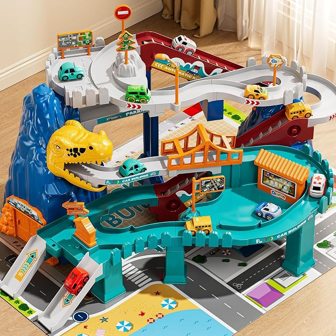 NIPLOOOW Dinosaur Race Track Playset for Boys Kids 3-5, Dinosaur Climbing Hills Car Track Play Se... | Amazon (US)