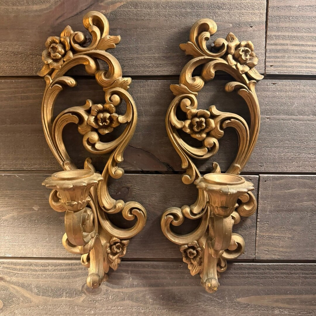 Vintage MCM Gold Candle Sconces Hollywood Regency set of 2 | Etsy (US)