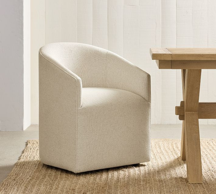 Baldwin Fully Upholstered Barrel Back Dining Armchair, Rustic Gingham Camel | Pottery Barn (US)