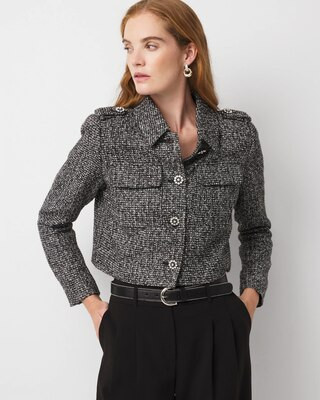 Women's Sequin Tweed Trucker Jacket in Blk/Ecru/Silver Combo size Large | White House Black Market | White House Black Market