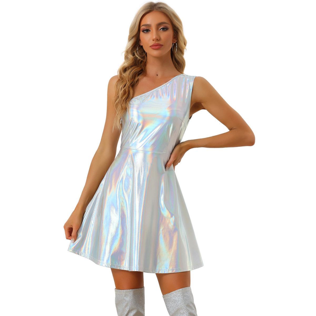 Allegra K Women's Metallic Shiny Sleeveless Party Disco One Shoulder Holographic Dresses | Target