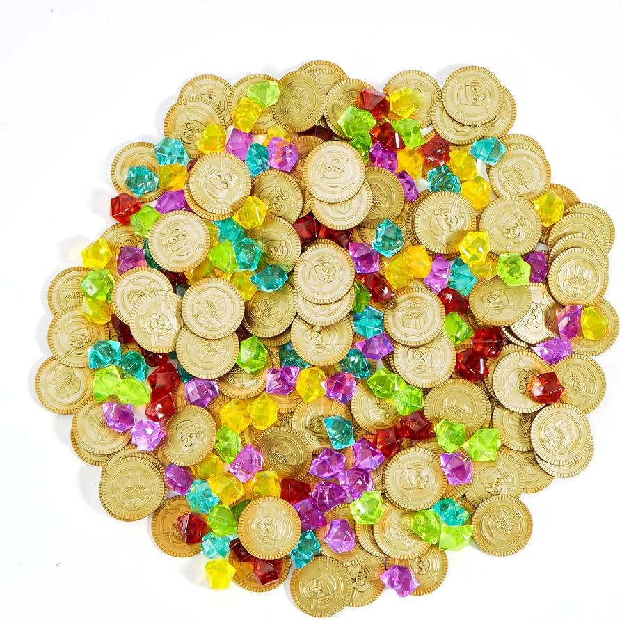 JOYIN Toy 288 Pieces Pirate Gold Coins and Pirate Gems Jewelry Playset Pack Party Favor. (144 Coi... | Amazon (US)