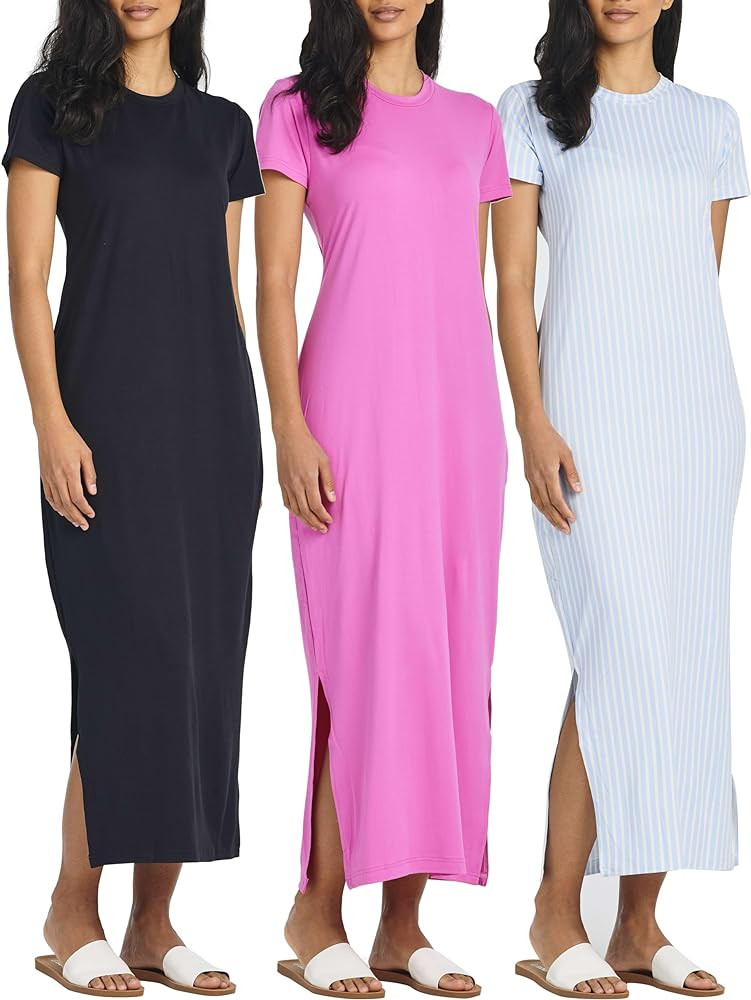 3-Pack: Women’s Casual Short Sleeve Maxi T-Shirt Dress – Summer Dress with Slit & Pockets (Av... | Amazon (US)