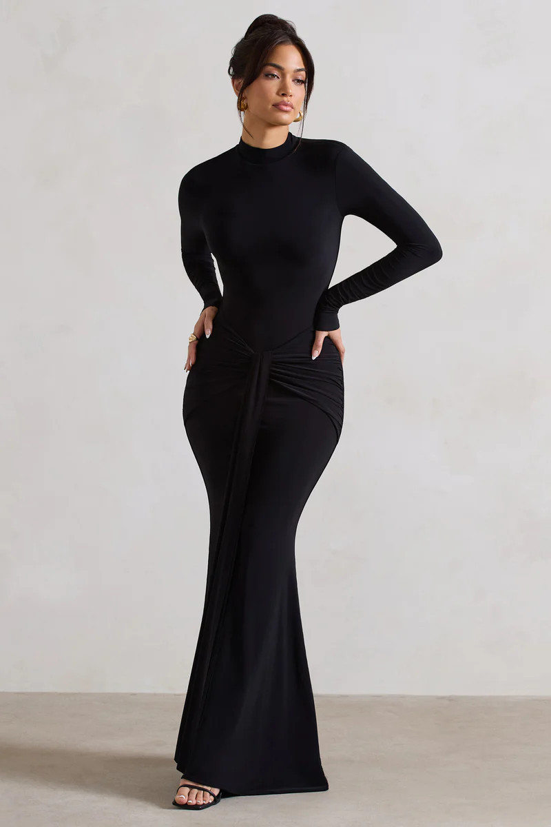 Pietra | Black High-Neck Long Sleeve Knot Maxi Dress | Club L London
