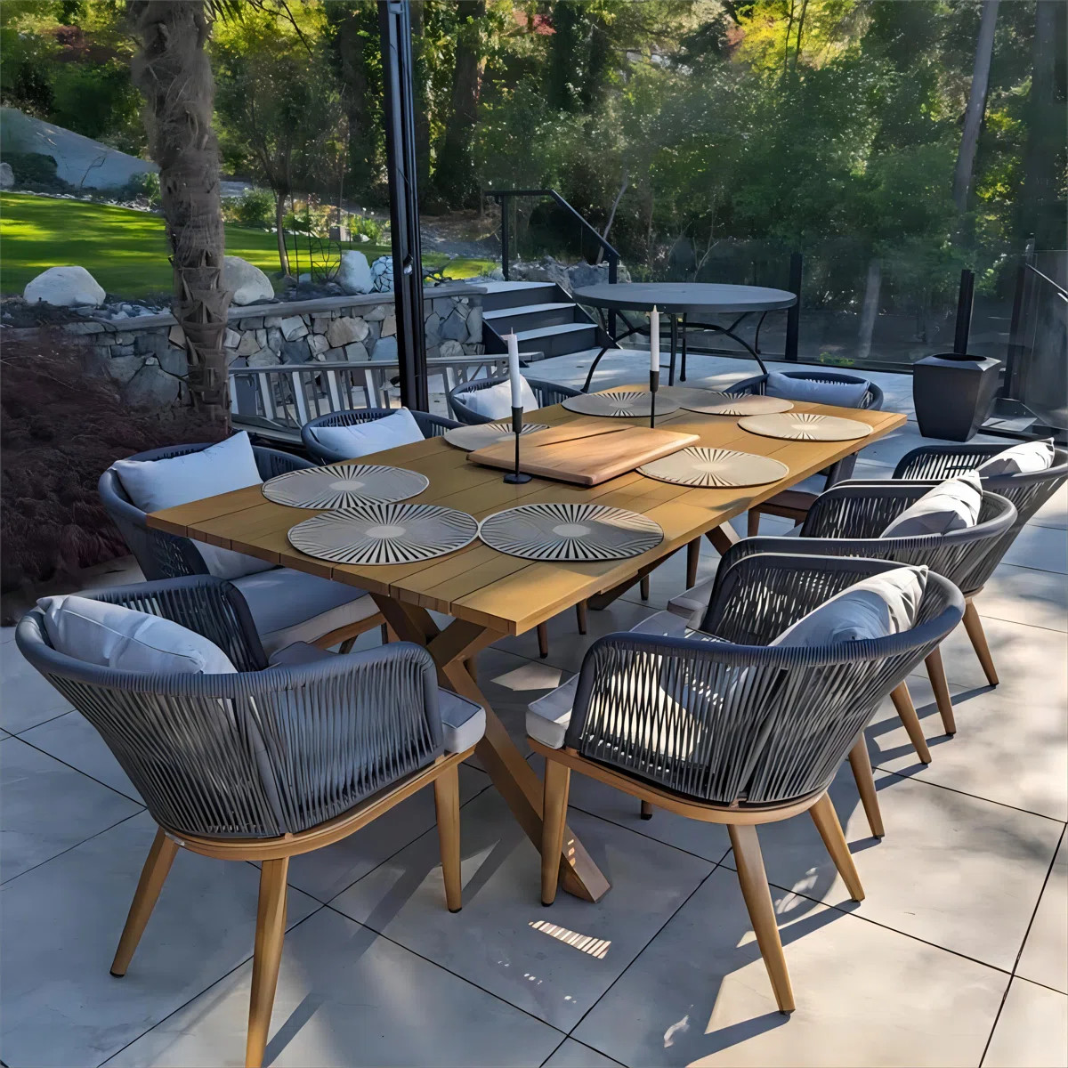 Braylin 8-Person Rectangular Wicker Patio Dining Set with Cushions | Wayfair North America
