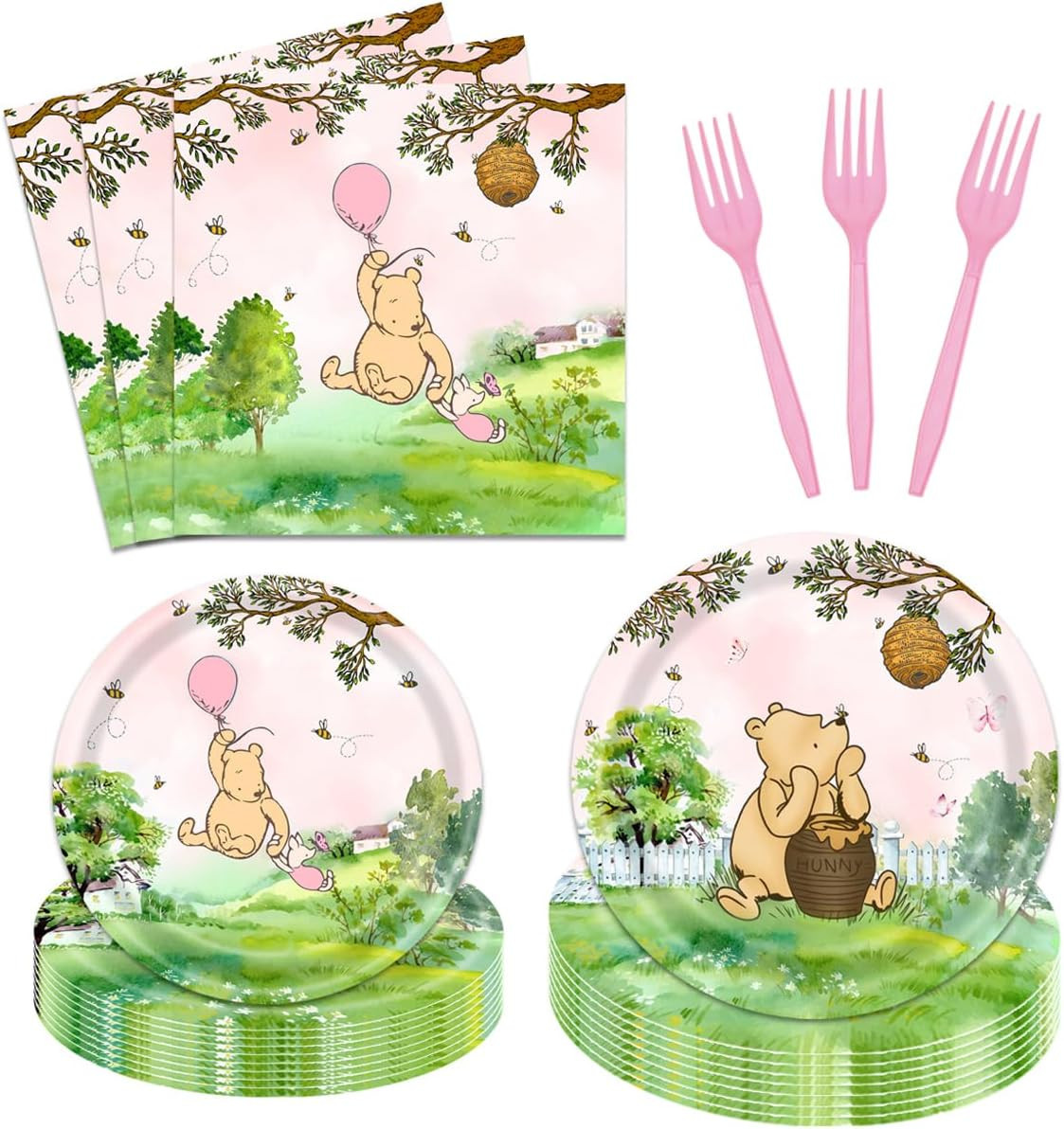 96 Pcs Classic Pooh Bear Party Supplies for Girls 24 Guests Baby Shower Tableware Plates Napkins ... | Amazon (US)