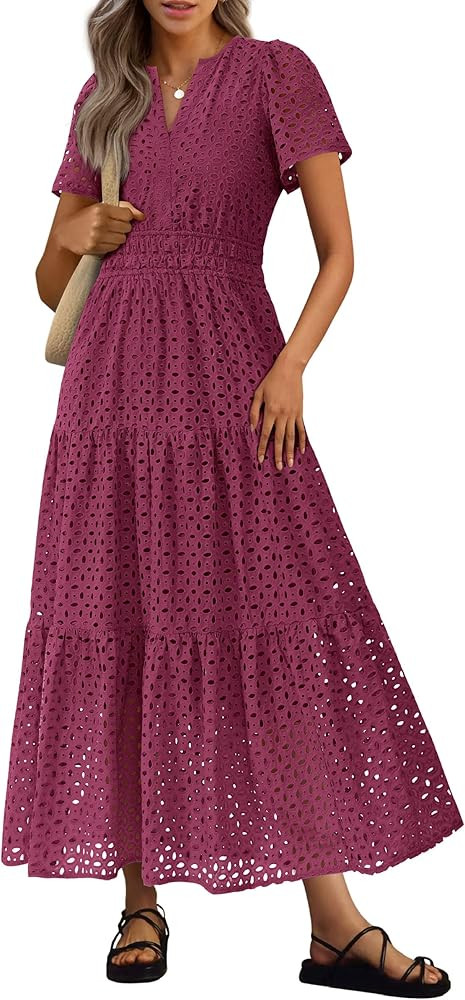 PRETTYGARDEN Womens 2026 Summer Maxi Dress Short Sleeve V Neck Hollow Out Eyelet A Line Long Flow... | Amazon (US)