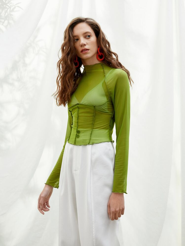 SHEIN Unity Mock Neck Lettuce Trim Raglan Sleeve Top | SHEIN