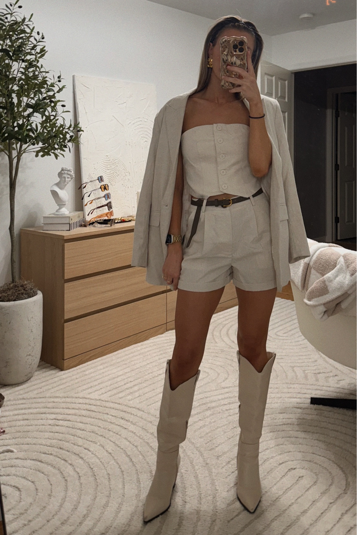 Going Out for Dinner Outfit🥂| H&M linen  blazer size: L, Amazon Linen set + belt by Mikayla Vallati x Cider size: S (top) size: XS (bottoms), Nastgal high knee pointed heeled boots & Amqzon chunky jewelry + zig zag headband 

#LTKFindsUnder50 #LTKWorkwear #LTKStyleTip