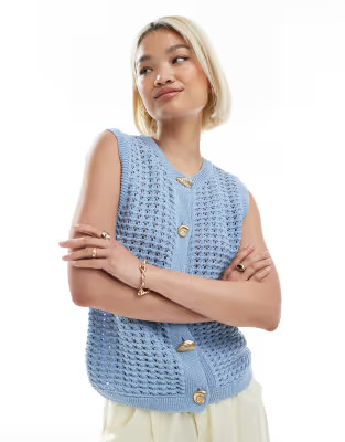 ASOS DESIGN crochet knit tank top with gold buttons in blue | ASOS (Global)