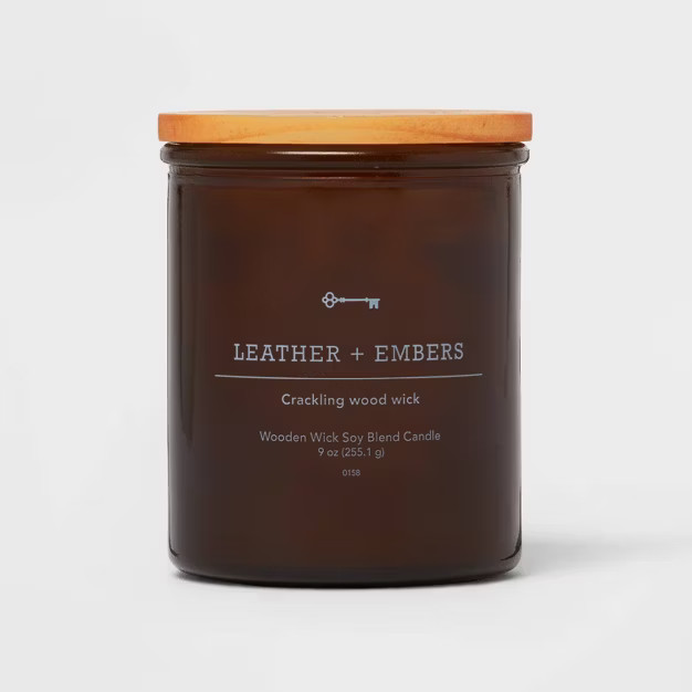 Lidded Glass Jar Crackling Wooden Wick Candle Leather and Embers - Threshold™ | Target