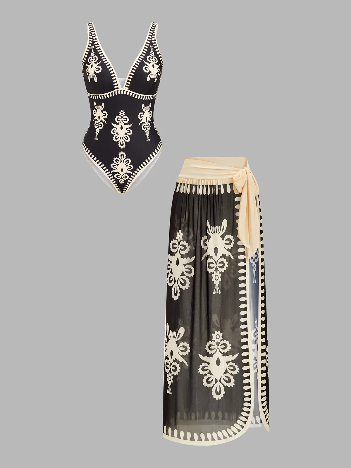 Ethnic Print One Piece Swimsuit & Sarong Set | Commense