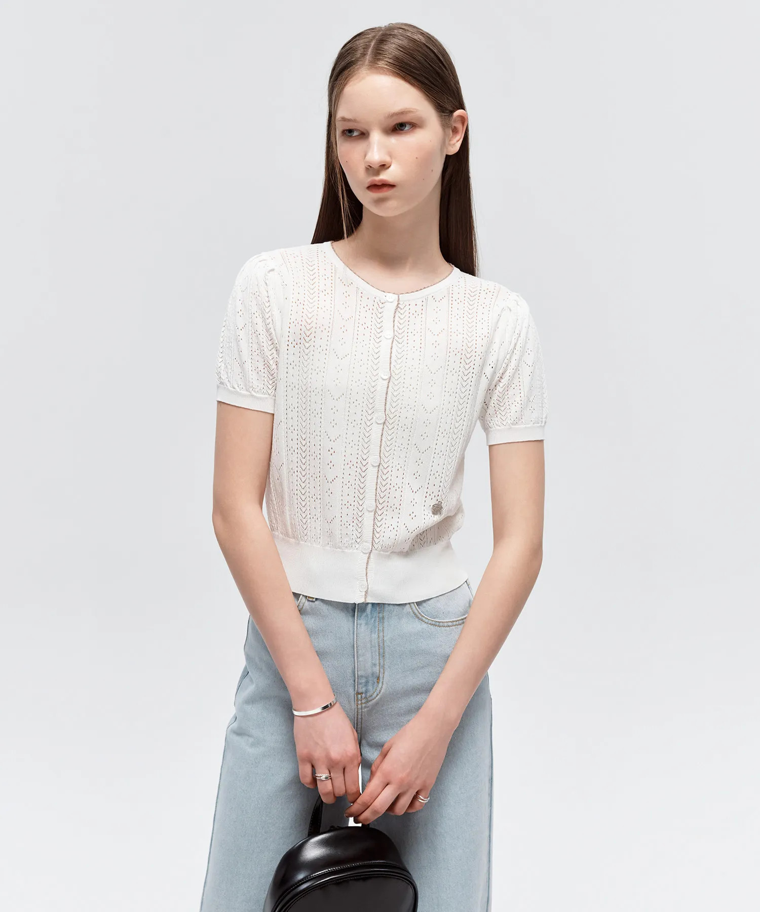 MUSINSA | CITYBREEZE Scalloped Puff Short Sleeve Cardigan_WHITE | Musinsa Global