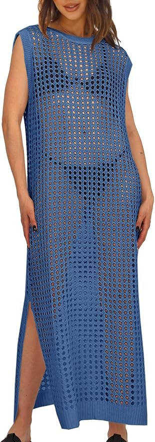 Saodimallsu Womens Crochet Swimsuit Coverup Summer Sleeveless Hollow Out Knit Crewneck Side Split... | Amazon (US)