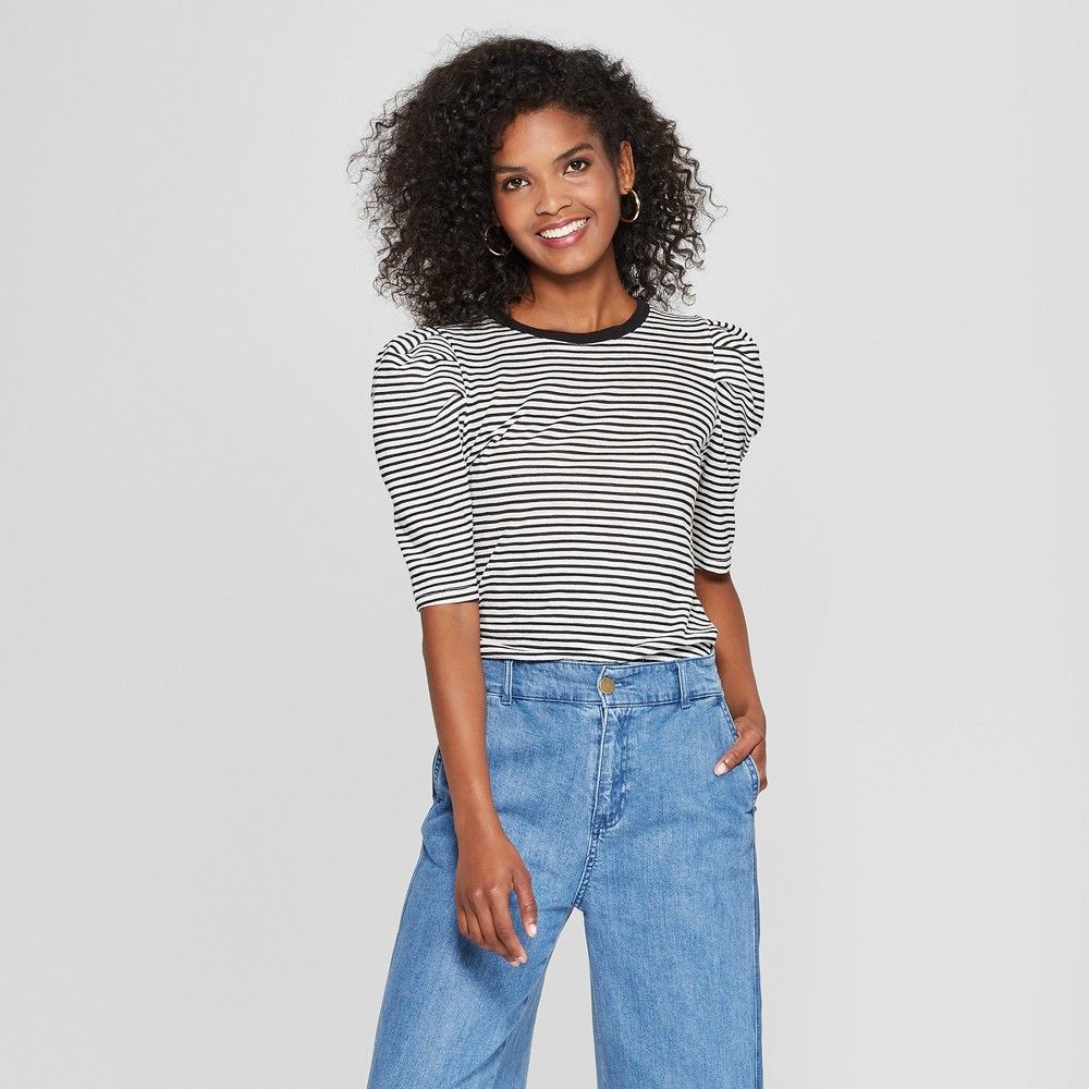 Women's Striped Puff Sleeve Ringer T-Shirt - Who What Wear Black/White XS | Target