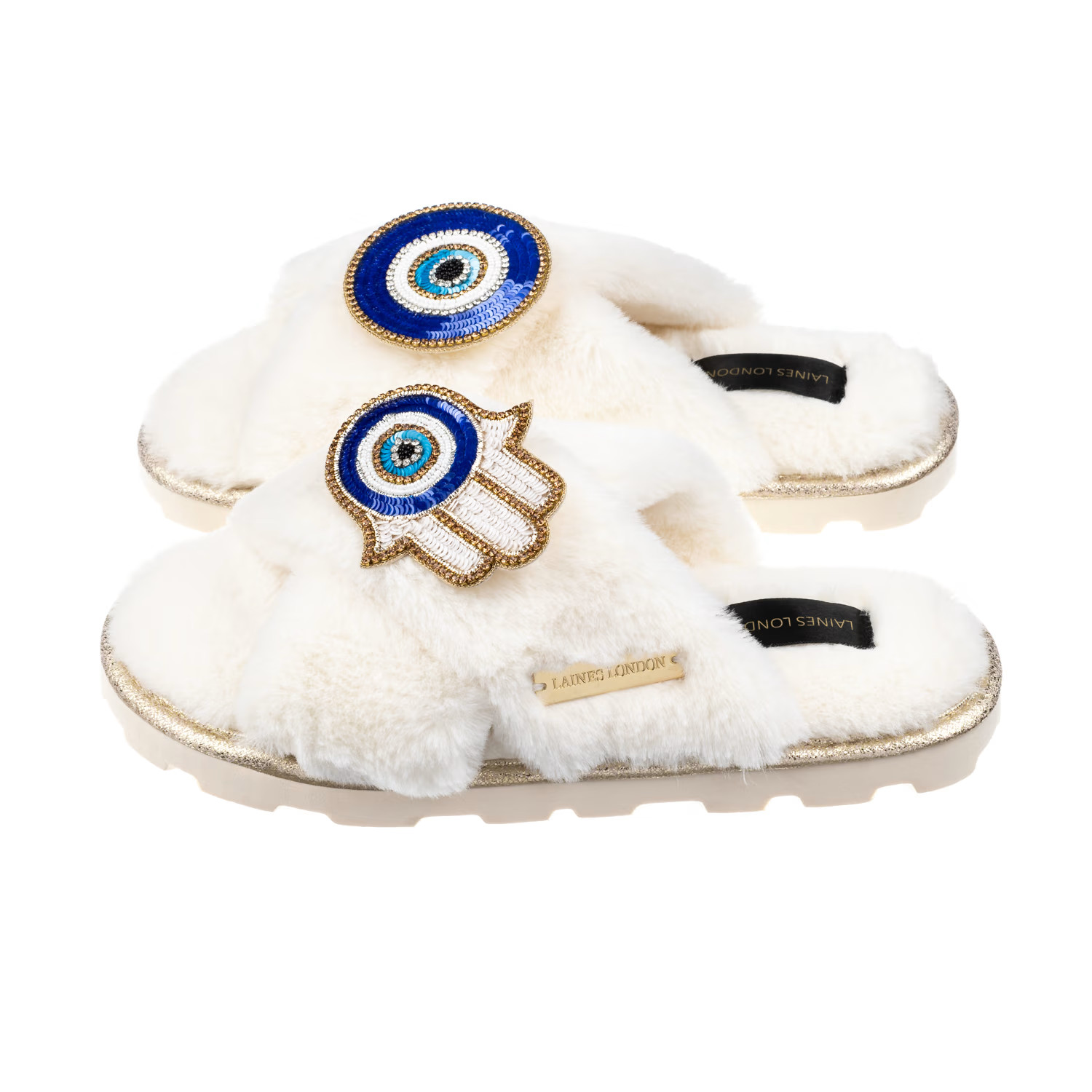 Ultralight Chic Laines Slipper Sliders With Evil Eye & Hamsa Hand Brooches - Cream | Wolf & Badger (US)