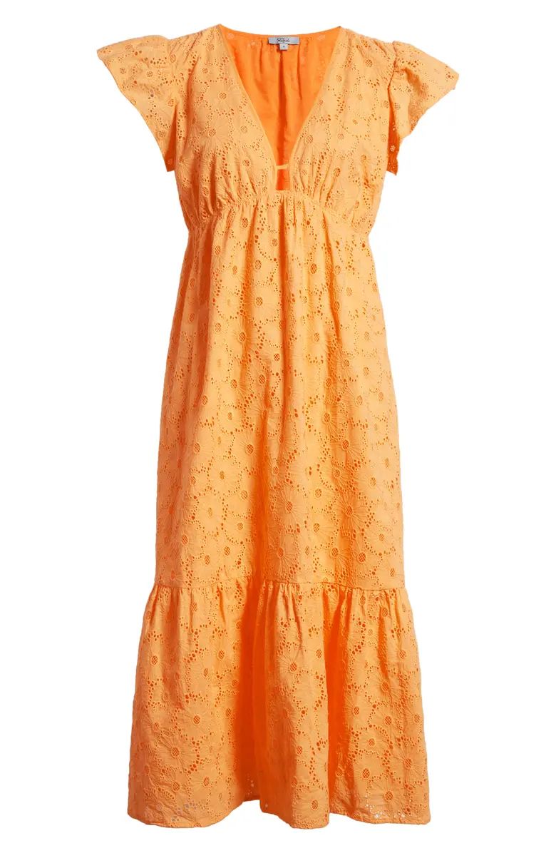 Eyelet Flutter Sleeve Tiered Cotton Midi Dress | Nordstrom