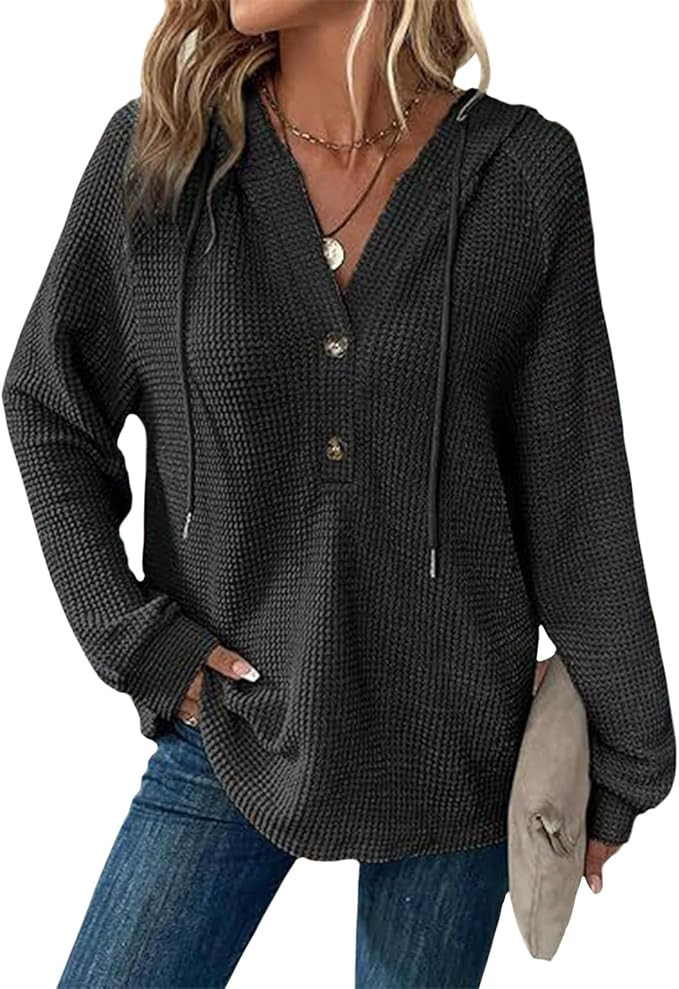 Hoodies for Women Comfortable Waffle Knit Long Sleeve Drawstring Button V Neck Casual Pullover Sw... | Amazon (US)