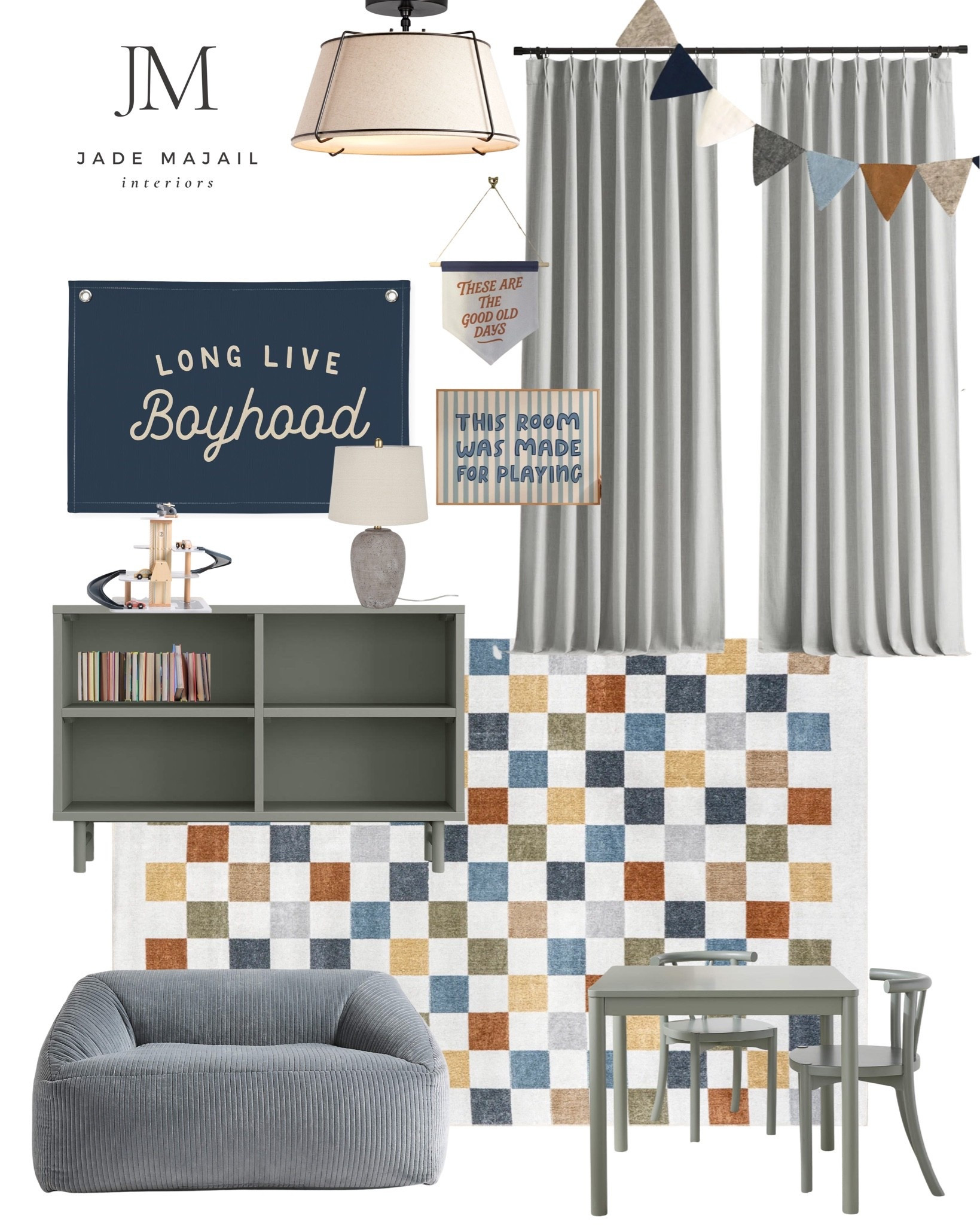 Boy play room mood board design inspo 📚🏀🦖

Curtains, long live boyhood, semi flush light fixture, checkered area rug, children’s sofa, storage cabinet, book shelf, wall art, children’s table,
Table lamp

#LTKHome #LTKKids