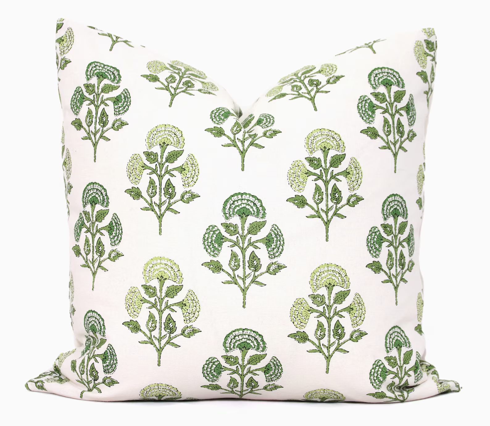 Green Carnation Block Print Decorative Pillow Cover, Throw Pillow, Accent Pillow, Pillow Sham 18x... | Etsy (US)