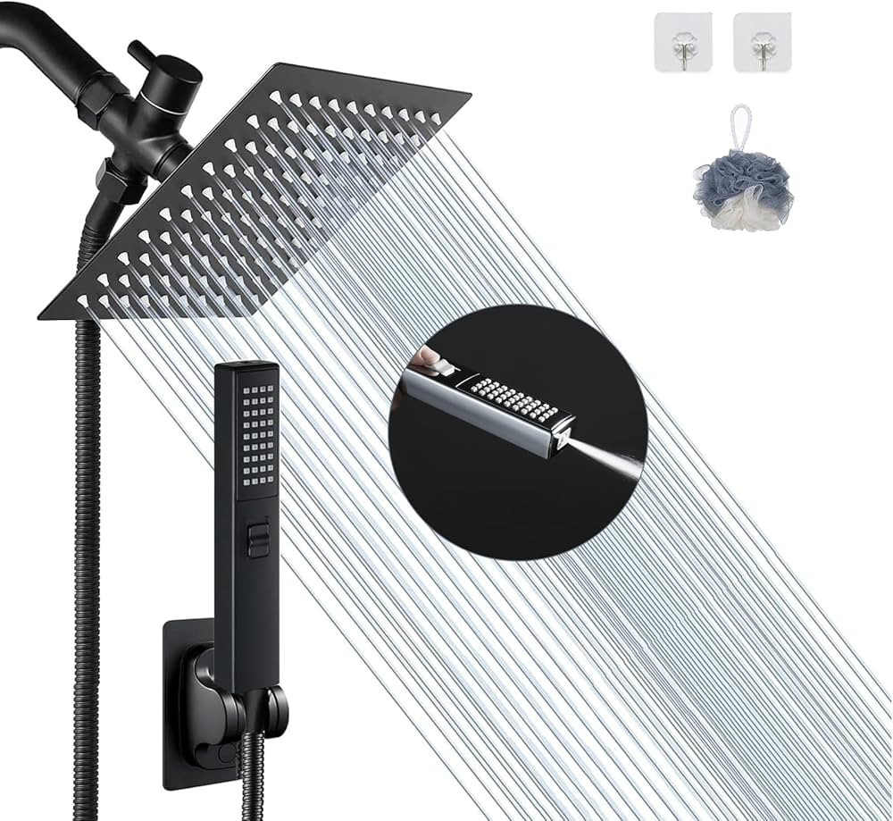 6'' Square High Pressure Rain Black Shower Heads with Handheld Spray Combo. Equipped with 78" Lea... | Amazon (US)