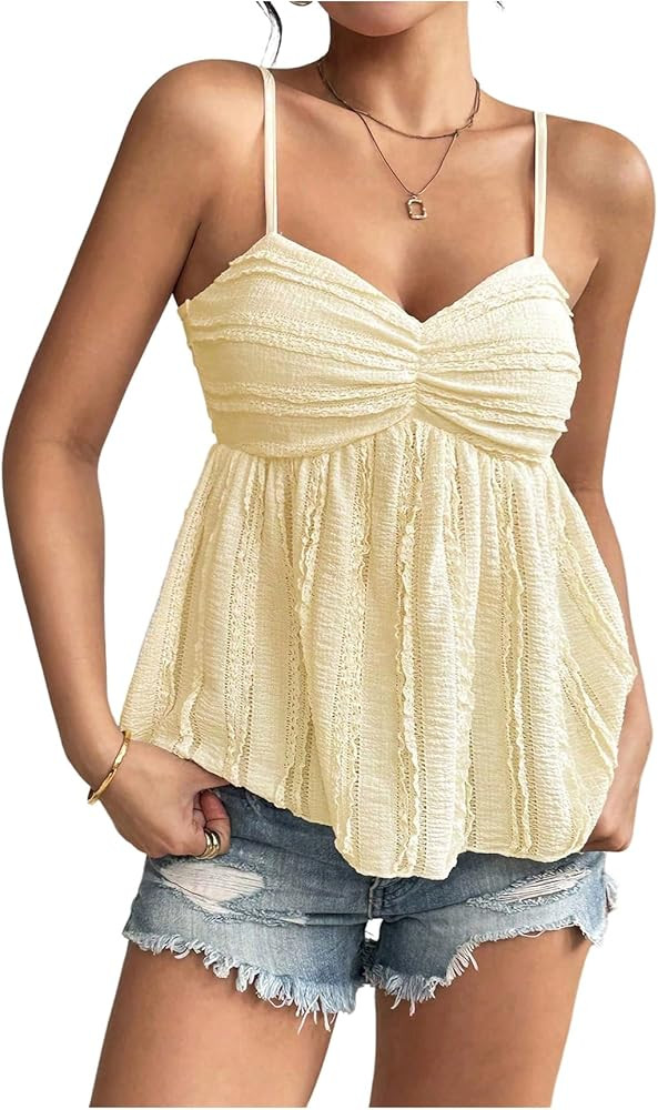 Verdusa Women's Y2k Babydoll Tops Peplum Ruched Lace Trim Cami Cute Summer Going Out Top | Amazon (US)