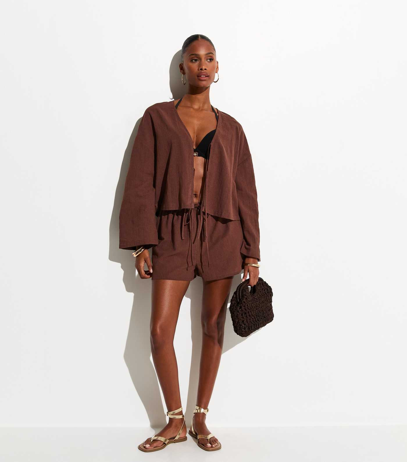 Dark Brown Cotton Slub Tie Front Beach Shirt | New Look | New Look (UK)