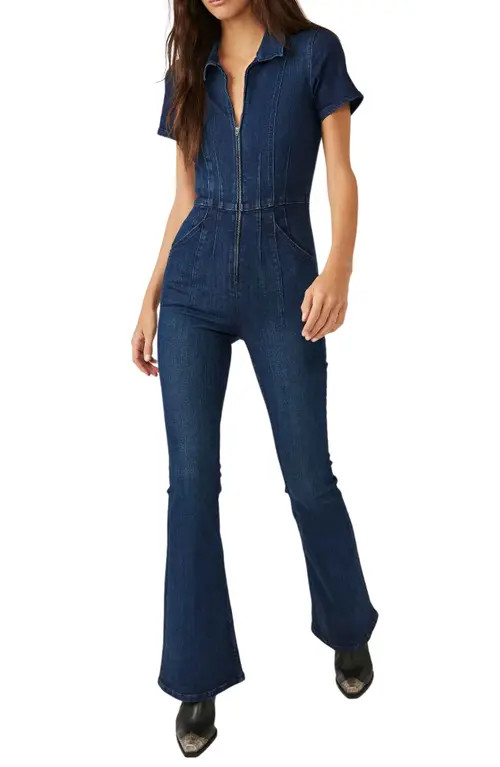 Free People Jayde Denim Flared Jumpsuit in Night Sky at Nordstrom, Size Small | Nordstrom