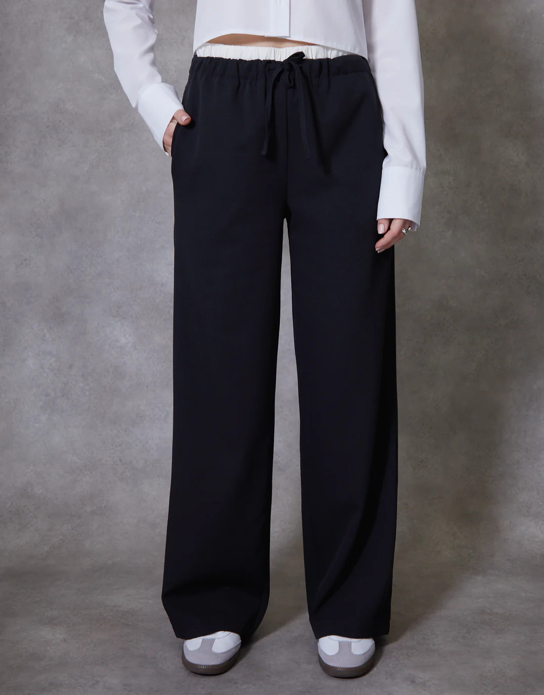 Women's Black Boxer Waist Wide Leg Trouser | Threadbare