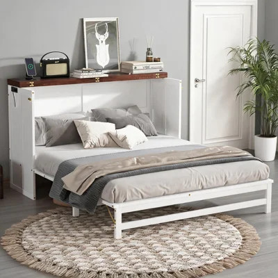 White finish solid pine queen murphy cabinet bed with storage for guest rooms, home offices and small studios | Wayfair North America