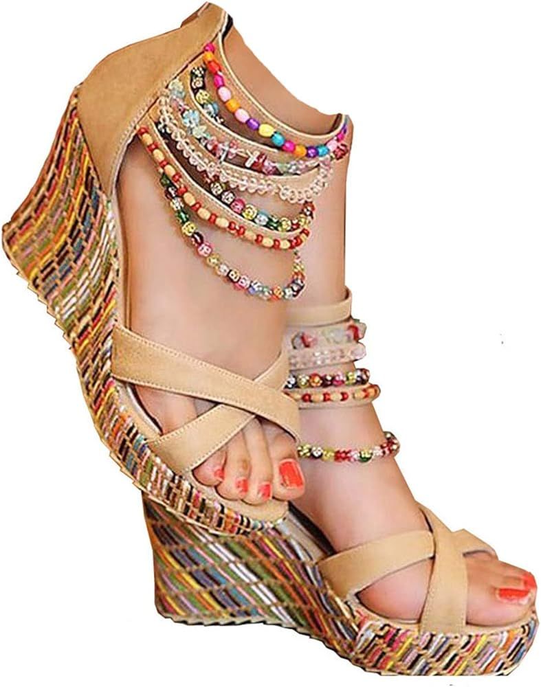 getmorebeauty Women's Wedge Sandals With Pearls Across The Top Platform Sandals High Heels | Amazon (US)