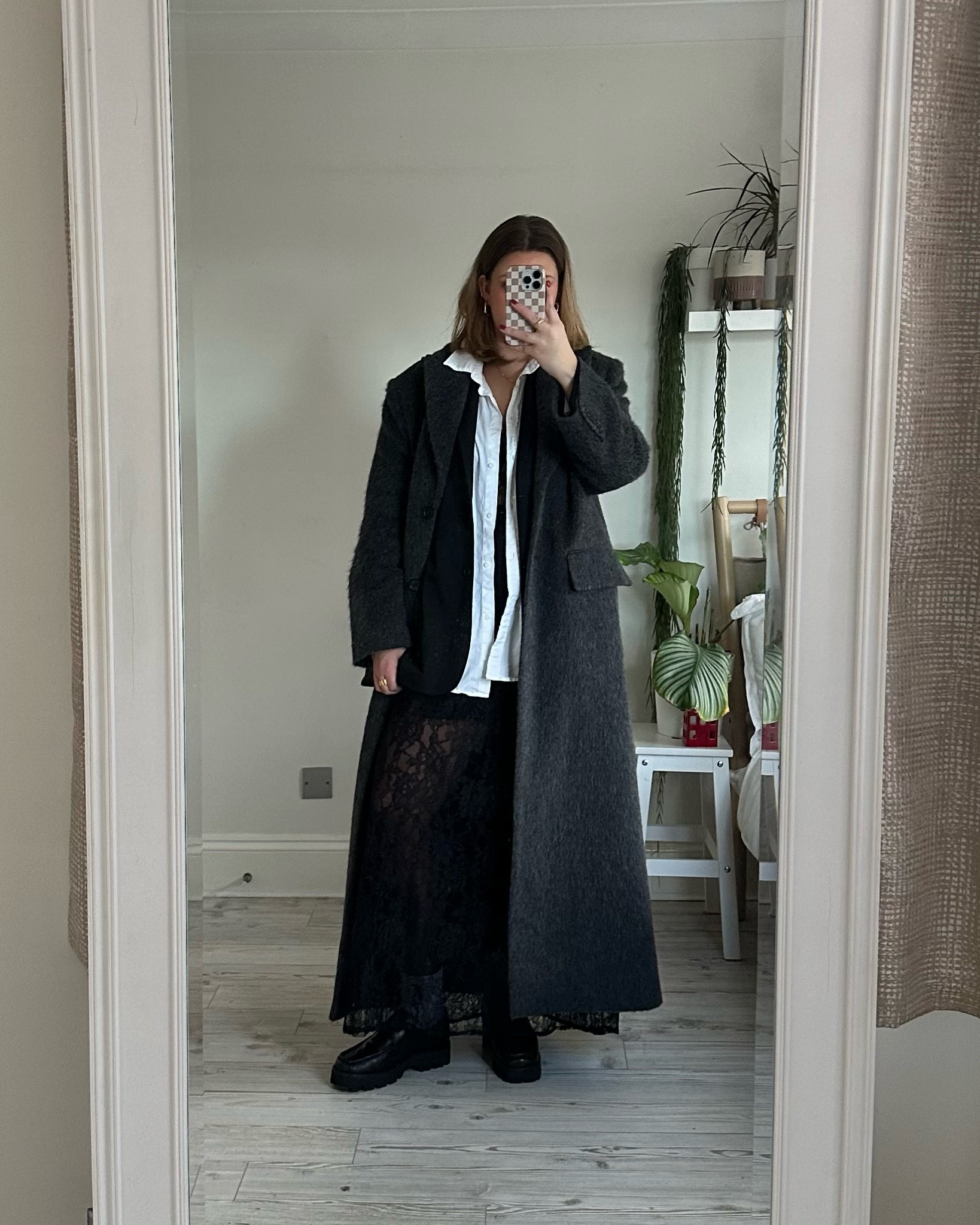 NYE outfit featuring a lace dress, white shirt, black mini skirt, black blazer, grey wool coat, chunky black loafers. 

#LTKmidsize #LTKSeasonal #LTKHoliday