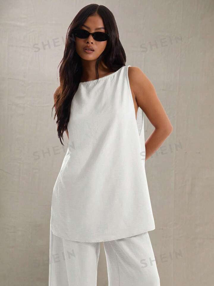 MUSERA Sleeveless Long Line Linen Feel Top | SHEIN
