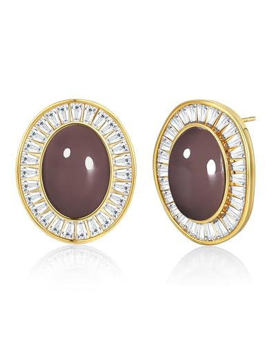 Large Chunky Brown Beige Tan Chocolate 18K gold plated Round Oval Button CZ Stud Enamel Statement Earrings for Women by SNGIA, Big Brown Bold Handmade Exaggerated Dome Retro Rounded Button Ball Trendy Bohemian Sparkly Jewelry Gifts, Unique Baroque Vintage Summer Beach Fashion Rhinestone Earrings Accessories, Round Thick Resin Circular Nickle Free Huggies Earrings. | Amazon (US)