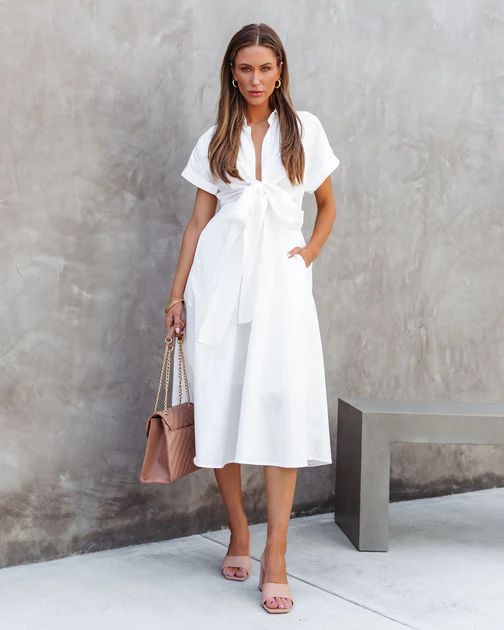 Notebook Stories Pocketed Front Tie Midi Dress - White | VICI Collection