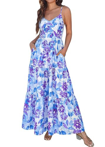 KIRUNDO Womens Summer Dresses Boho Floral Beach Maxi Sundress Wedding Guest Dress Vacation Outfits Flowy Cruise Resort Wear(Blue, Small) | Amazon (US)
