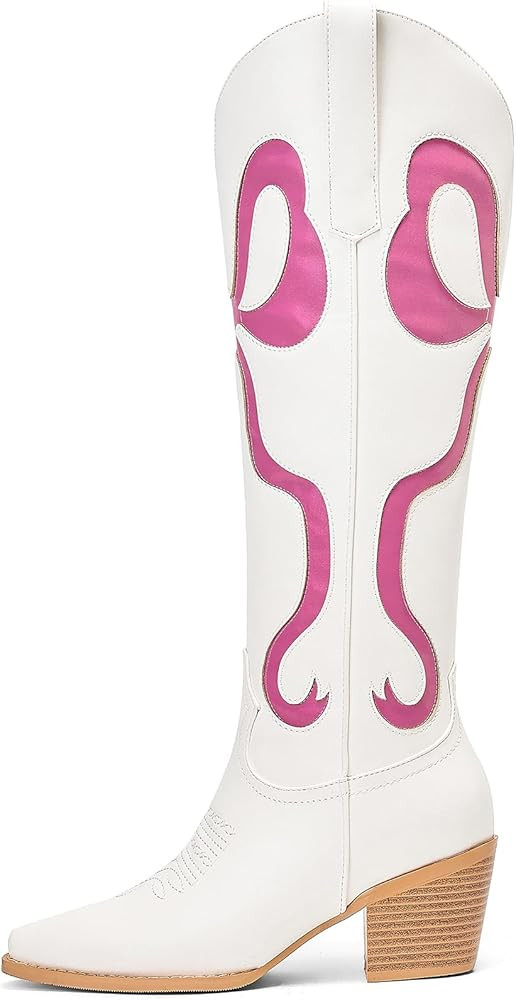 Women's Cowboy Boots With Colorful Bows Embroidered White Knee-High Cowboy Boots Fashion Almond T... | Amazon (US)
