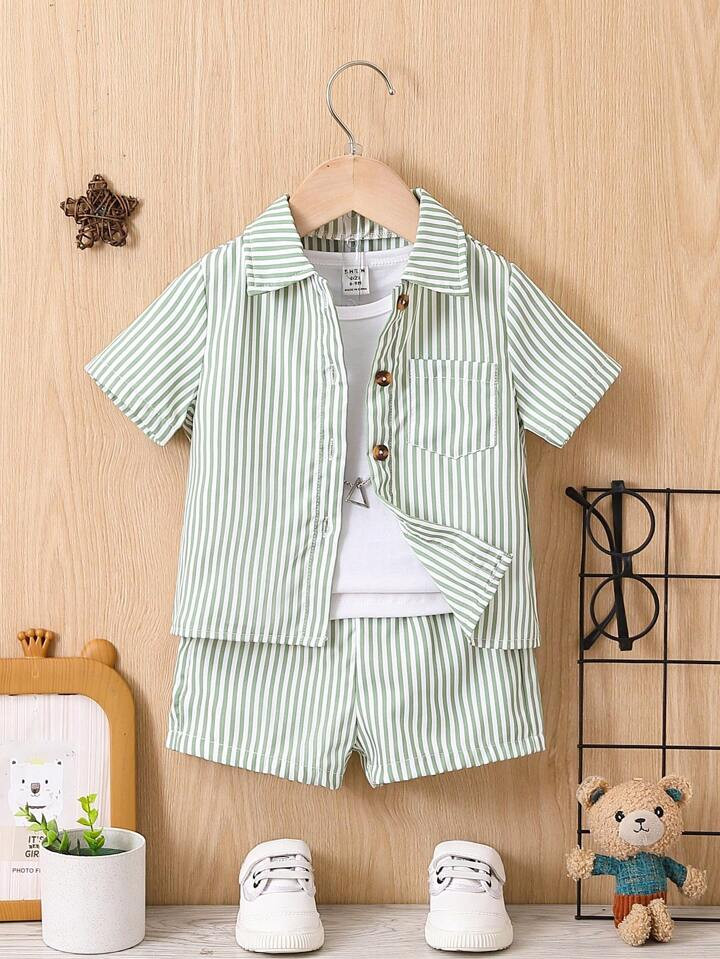 Baby Boys' Pocket Striped Short Sleeve Shirt And Shorts Set | SHEIN