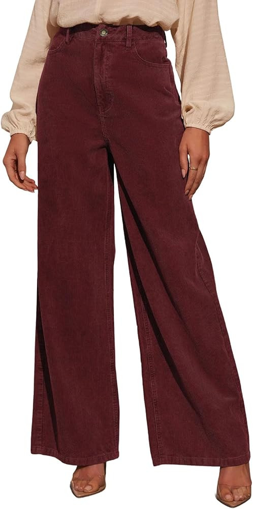 Sidefeel Women's Corduroy Pants Casual High Waisted Baggy Wide Leg Elastic Waist Loose Trousers w... | Amazon (US)