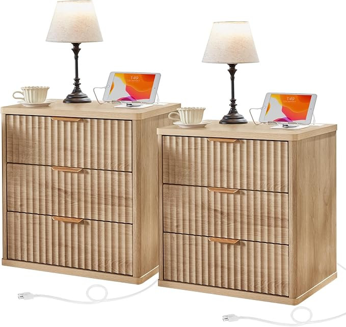 LEYAOYAO 23" Wide Fluted Farmhouse Night Stand Set of 2 with Charging Station, 3 Drawers Large En... | Amazon (US)