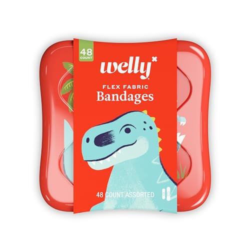 Welly Bandages | Adhesive Flexible Fabric Bravery Badges | Assorted Shapes for Minor Cuts, Scrapes, and Wounds | Colorful and Fun First Aid Tin | Dinosaur Patterns - 48 Count | Amazon (US)