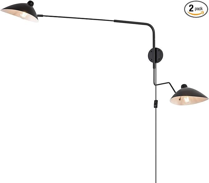Modern 2-Lights Swing Arm Wall Sconce Plug in Rotatable Black Wall Lights with On/Off Cord for Be... | Amazon (US)