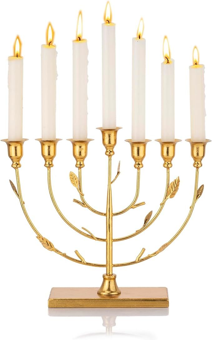 Hanukkah Menorah Tree of Life with Gold Finish, 7-Branches Candle Holders Menorah, 7 arm Candle H... | Amazon (US)
