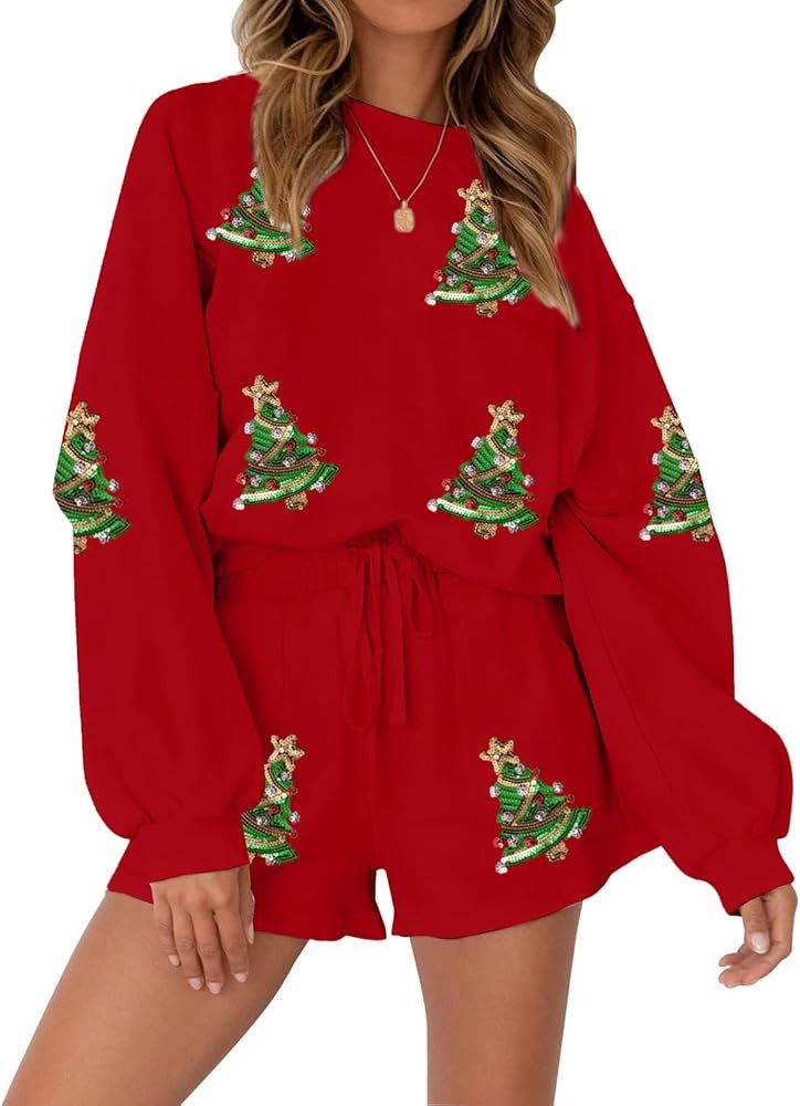 VILOVE Christmas Sweat Shorts Sets Women 2 Piece Merry Xmas Jolly Sequin Outfit Oversized Casual ... | Amazon (US)