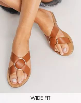 Glamorous Wide Fit cross strap flat sandals with gold ring in tan | ASOS (Global)
