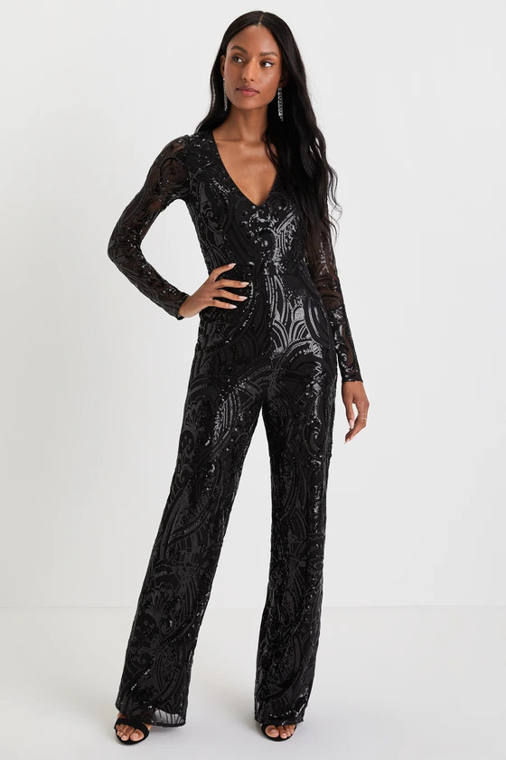 Undeniable Radiance Black Mesh Sequin Long Sleeve Jumpsuit | Lulus