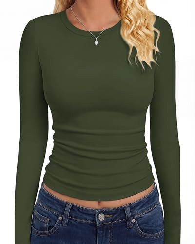 GAYHAY Army Green Long Sleeve Shirt Women Basic Crop Shirts Teens Crew Neck Cute Tight Y2K Clothes Going Out Workout Fall 2025 | Amazon (US)
