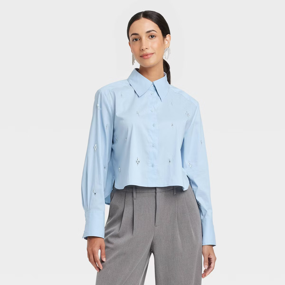 Women's Long Sleeve Embellished Collared Button-Down Shirt - A New Day™ Blue | Target