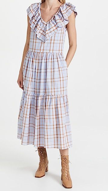 Plaid Midi Dress with Ruffle Neck | Shopbop