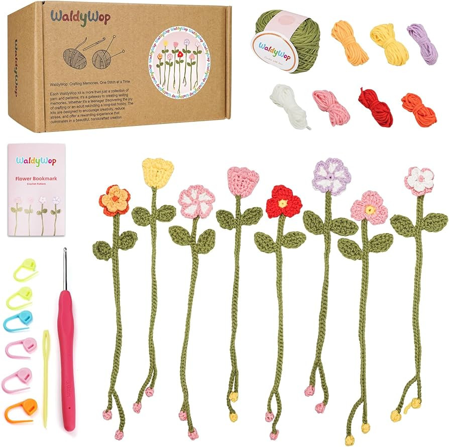 WaldyWop Crochet Kit for Beginners - 8 Flower Bookmarks Crocheting Kit w/Step-by-Step Video Tutor... | Amazon (US)